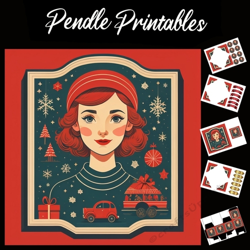 Beautiful Retro Design Lady 7x7 Card Kit. Matching Box, Gift Bauble,Tag