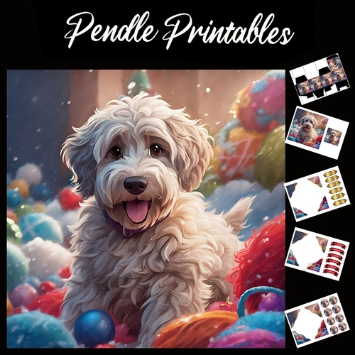 Play pit Pal .Labradoodle Christmas Card. 7x7 card kit. Matching Box, Gift Bauble,Tag.