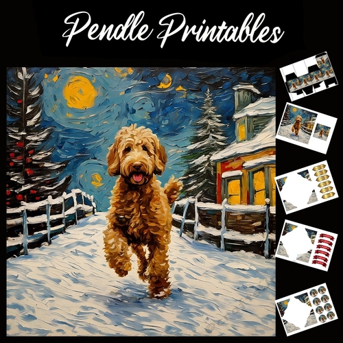 Snow Dancer .Labradoodle Christmas Card. 7x7 card kit. Matching Box, Gift Bauble,Tag.