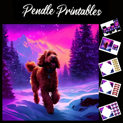Sunset Stroll .Labradoodle Christmas Card. 7x7 card kit. Matching Box, Gift Bauble,Tag.