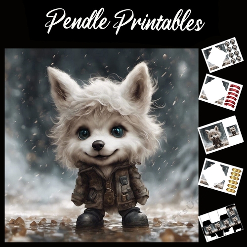 Scruffy The Cute Wolf Cub 7x7 Card Kit. Matching Box, Gift Bauble,Tag