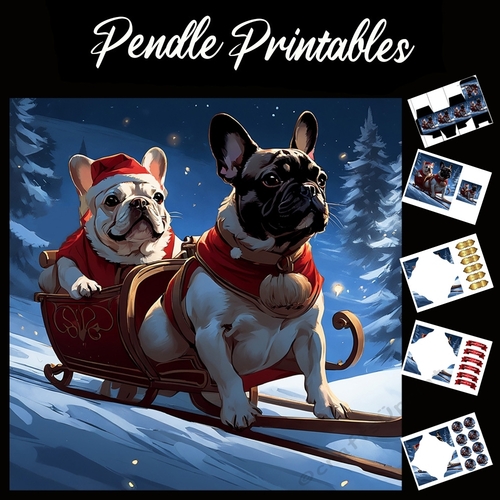 Frenchies Having Fun . French Bulldog Christmas Card. 7x7 card kit. Matching Box, Gift Bauble,Tag.