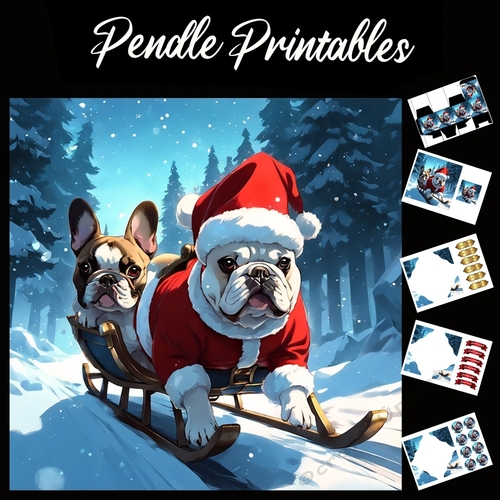 Frenchies Frolicking . French Bulldog Christmas Card. 7x7 card kit. Matching Box, Gift Bauble,Tag.