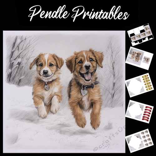 Winter Woofers . Puppy Christmas Card. 7x7 card kit. Matching Box, Gift Bauble,Tag.