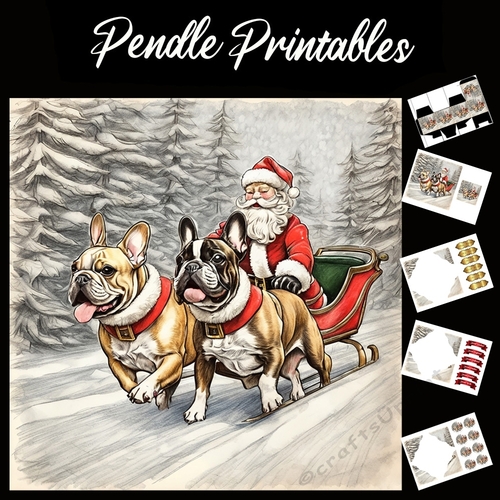 Puggy Power . Pug Christmas Card. 7x7 card kit. Matching Box, Gift Bauble,Tag.
