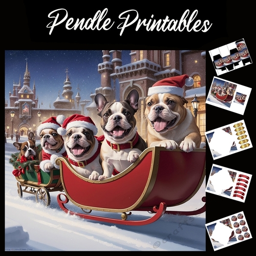 Puggy Present Time . Pug Christmas Card. 7x7 card kit. Matching Box, Gift Bauble,Tag.