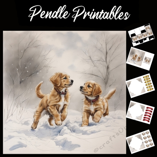 Playtime In The Snow . Puppy Christmas Card. 7x7 card kit. Matching Box, Gift Bauble,Tag.