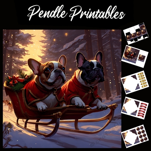 Sledging In The Snow . Pug Christmas Card. 7x7 card kit. Matching Box, Gift Bauble,Tag.