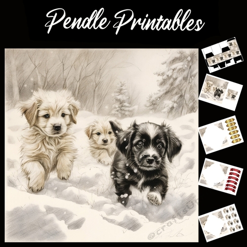 Fluffy Fun In The Snow . Puppy Christmas Card. 7x7 card kit. Matching Box, Gift Bauble,Tag.