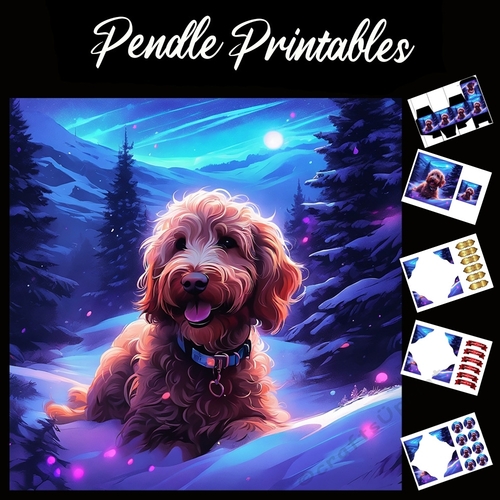 Moonlight Memories . Dog Christmas Card. 7x7 card kit. Matching Box, Gift Bauble,Tag.