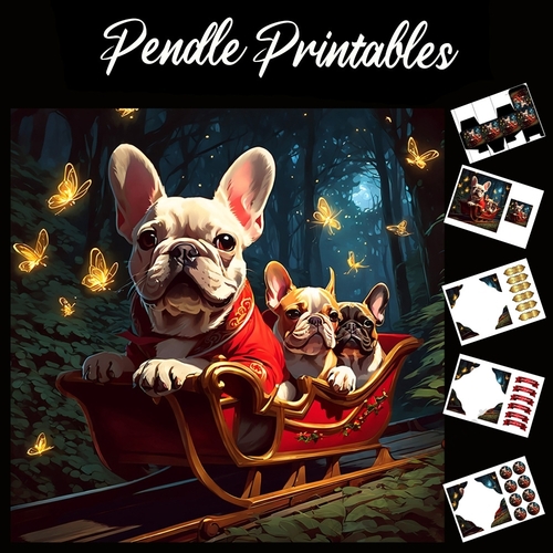 Frenchie Crew . French Bulldog Christmas Card. 7x7 card kit. Matching Box, Gift Bauble,Tag.