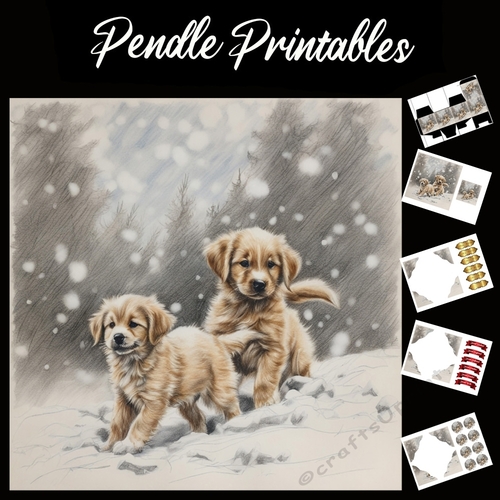 Snow Dogs .Puppy Christmas Card. 7x7 card kit. Matching Box, Gift Bauble,Tag.