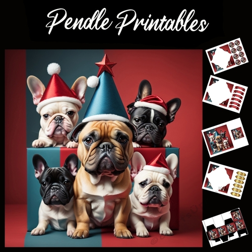 French Bulldogs Christmas Hat Posse 7x7 Card Kit. Matching Box, Gift Bauble,Tag