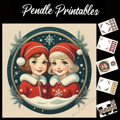 Retro Two Happy Christmas Girls 7x7 Card Kit. Matching Box, Gift Bauble,Tag