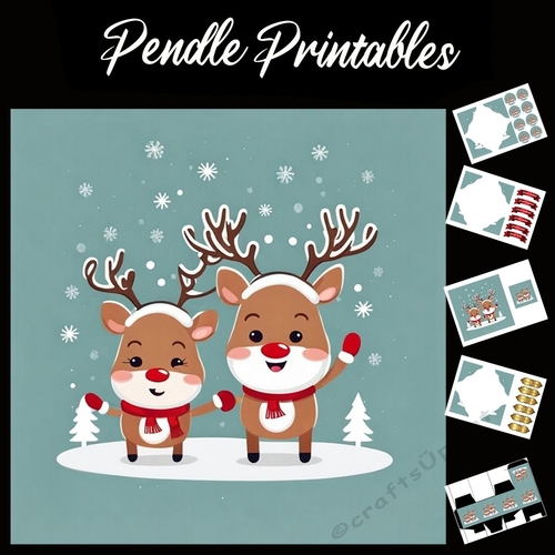 Retro Style Holding Hands Reindeers 7x7 Card Kit. Matching Box, Gift Bauble,Tag