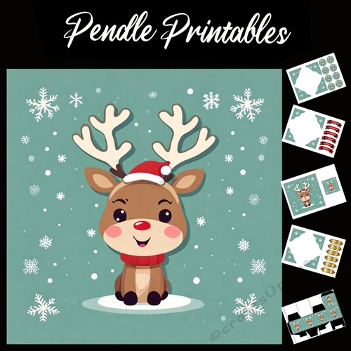 Retro Style Rudolph The Reindeer 7x7 Card Kit. Matching Box, Gift Bauble,Tag