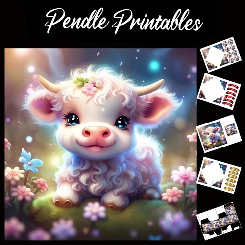 Fluffy The Beautiful Baby Bull 7x7 Card Kit. Matching Box, Gift Bauble,Tag