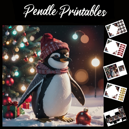 Football Mad Penguin 7x7 Card Kit. Matching Box, Gift Bauble,Tag