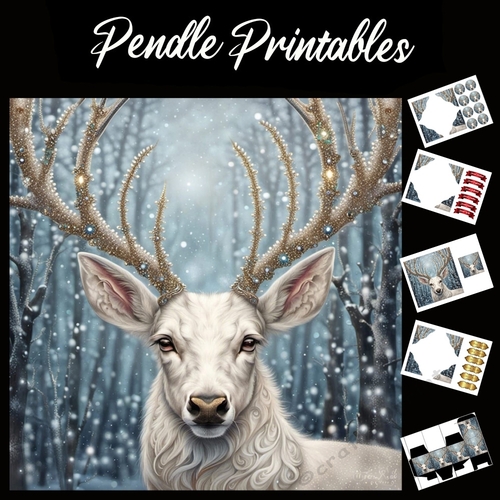 Stunning White Stag With Golden Jewelled Antlers 7x7 Card Kit. Matching Box, Gift Bauble,Tag