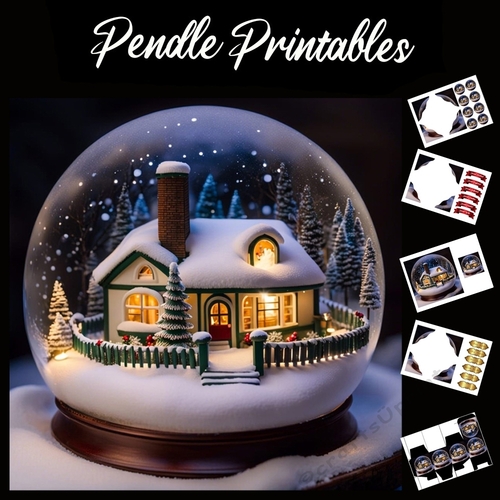 Christmas Cottage Snowglobe 7x7 Card Kit. Matching Box, Gift Bauble,Tag
