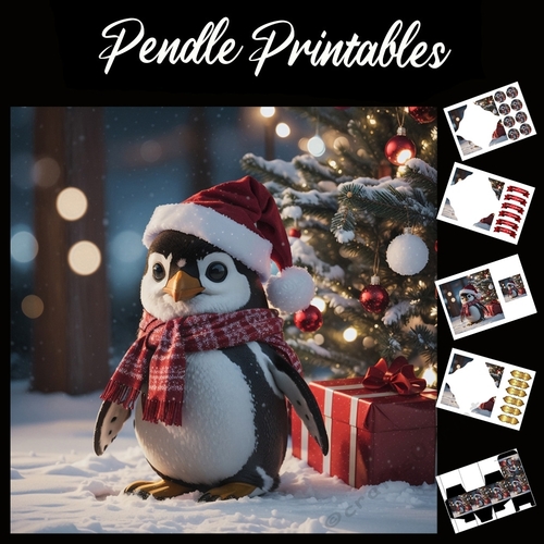 Christmas Present Penguin 7x7 Card Kit. Matching Box, Gift Bauble,Tag