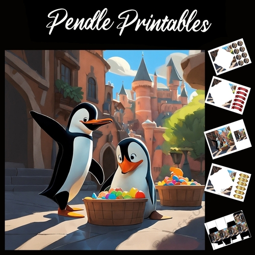 Penguins Birthday Treats 7x7 Card Kit. Matching Box, Gift Bauble,Tag