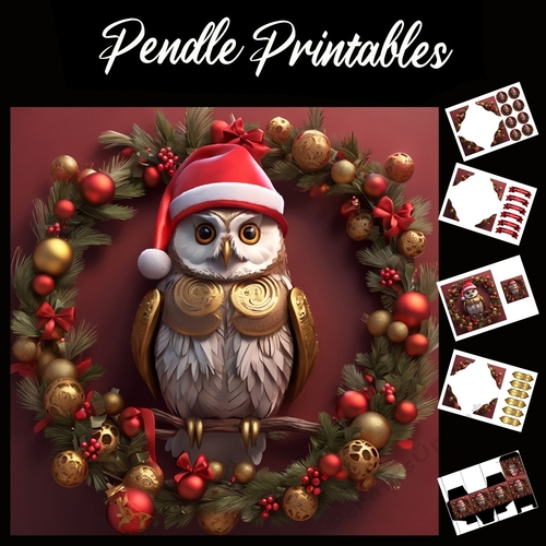 A Clockwork Owl 7x7 Card Kit. Matching Box, Gift Bauble,Tag