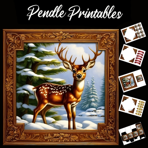 Framed Young Stag In The Snow 7x7 Card Kit. Matching Box, Gift Bauble,Tag