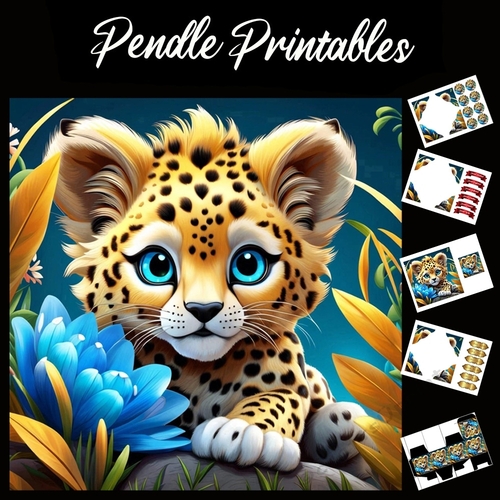 Cute Jungle Leopard Cub 7x7 Card Kit. Matching Box, Gift Bauble,Tag