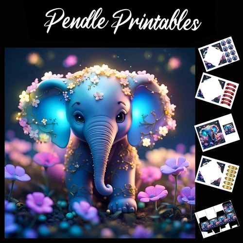 The Blue Flower Baby Elephant 7x7 Card Kit. Matching Box, Gift Bauble,Tag
