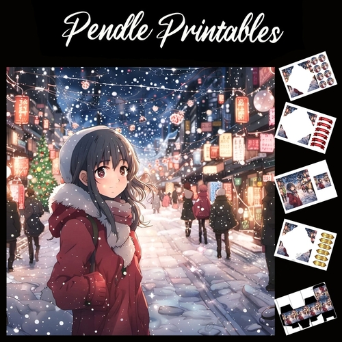 Anime Style Girl Christmas Shopping 7x7 Card Kit. Matching Box, Gift Bauble,Tag