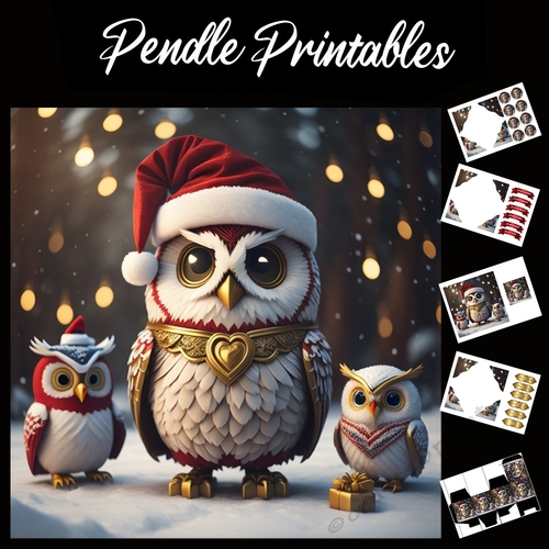 We Three Owls 7x7 Card Kit. Matching Box, Gift Bauble,Tag