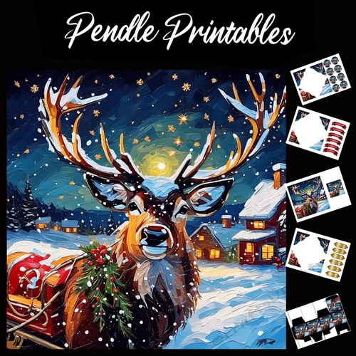 Merry Christmas Painted Stag 7x7 Card Kit. Matching Box, Gift Bauble,Tag