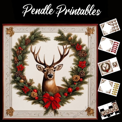 Beautiful Vintage Style Framed Reindeer 7x7 Card Kit. Matching Box, Gift Bauble,Tag