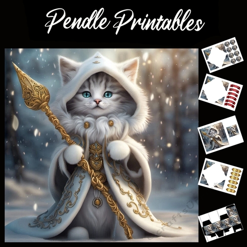 The Magical Snow Kitten 7x7 Card Kit. Matching Box, Gift Bauble,Tag