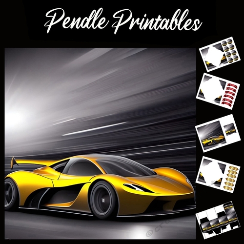 Speed Of Light Yellow Sports Car 7x7 Card Kit. Matching Box, Gift Bauble,Tag