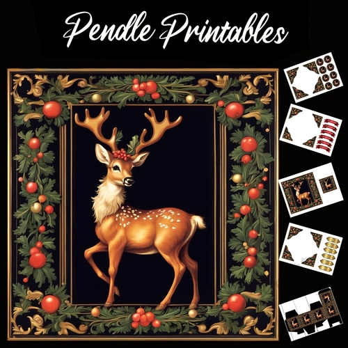 Beautiful Framed Deer With Berries 7x7 Card Kit. Matching Box, Gift Bauble,Tag