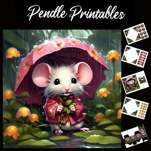 Springtime Rain Shower Mouse 7x7 Card Kit. Matching Box, Gift Bauble,Tag