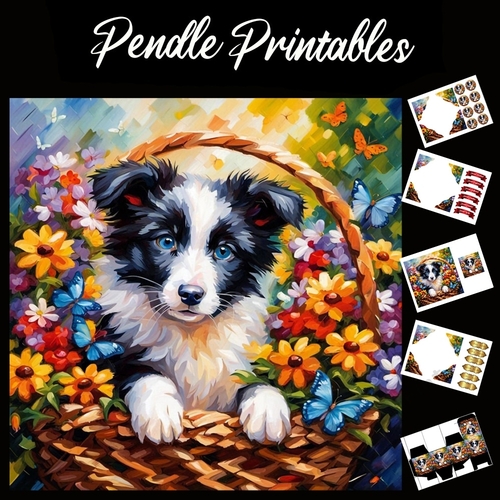 A Basket Full Of Collie Fun  7x7 Card Kit. Matching Box, Gift Bauble,Tag