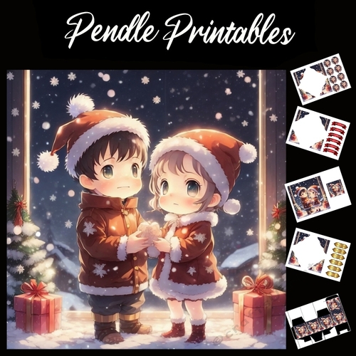 Best Friends Forever. Anime Style Christmas Card  7x7 Card Kit. Matching Box, Gift Bauble,Tag