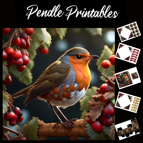 Robin And The Berries 7x7 Card Kit. Matching Box, Gift Bauble,Tag