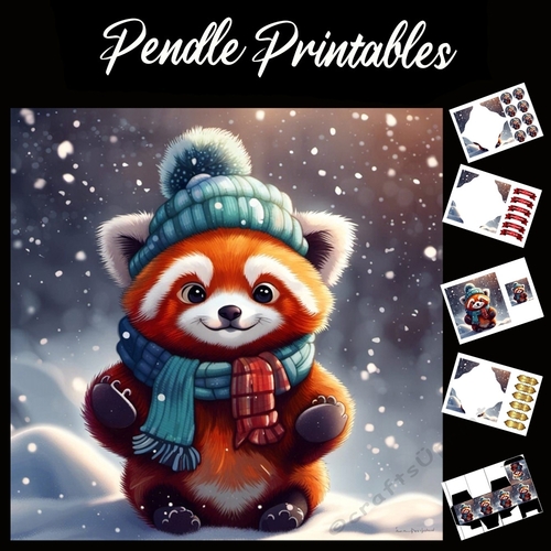 A Cute Red Panda Christmas 7x7 Card Kit. Matching Box, Gift Bauble,Tag