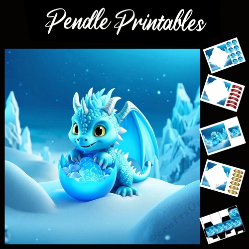 The Ice Blue Baby Dragons Christmas Treats 7x7 Card Kit. Matching Box, Gift Bauble,Tag