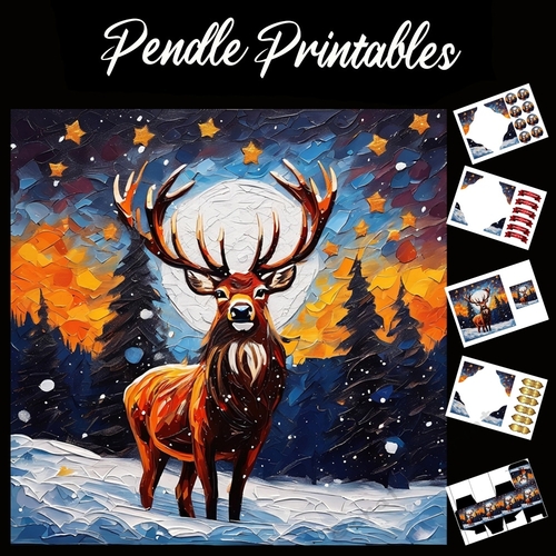 Painted Moonlight Stag 7x7 Card Kit. Matching Box, Gift Bauble,Tag