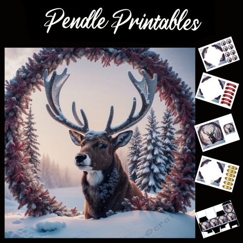 Chillin In The Snow. Stag Card 7x7 Card Kit. Matching Box, Gift Bauble,Tag
