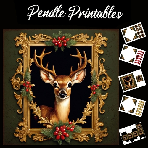 Beautiful Fawn Head In Gilt Frame 7x7 Card Kit. Matching Box, Gift Bauble,Tag