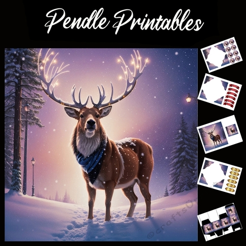 Twinkling Antlers Stag 7x7 Card Kit. Matching Box, Gift Bauble,Tag