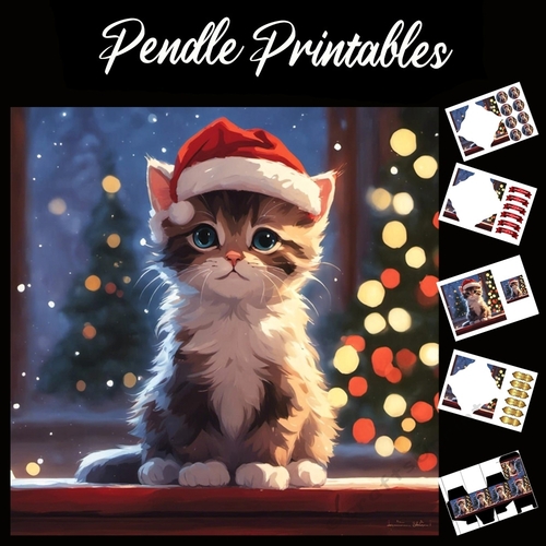 Waiting For Santa To Come. Kitten Card 7x7 Card Kit. Matching Box, Gift Bauble,Tag