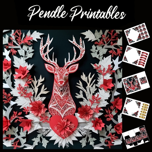 Paper Cut Design Heart Stag 7x7 Card Kit. Matching Box, Gift Bauble,Tag