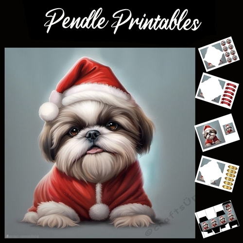 Santas Little Helper. Shitzu Dog Card 7x7 Card Kit. Matching Box, Gift Bauble,Tag